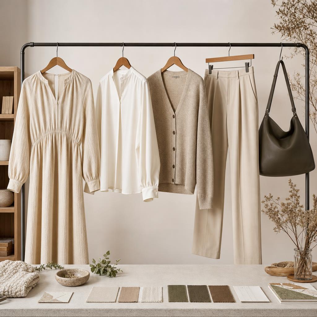 Original women’s fashion editorial with dress, blouse, knitwear, trousers, bag and swatches