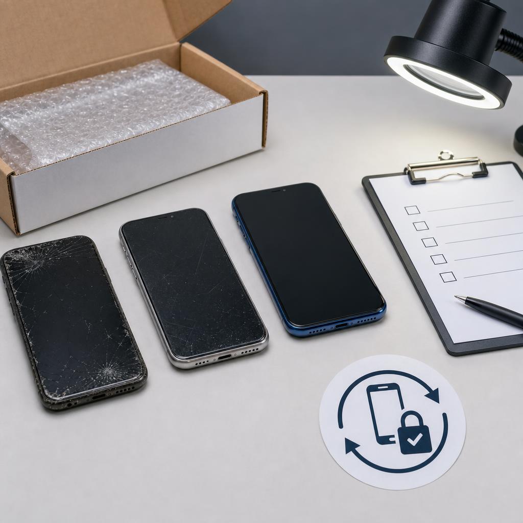 Original phone trade-in editorial with used devices, postage box, inspection light and blank checklist