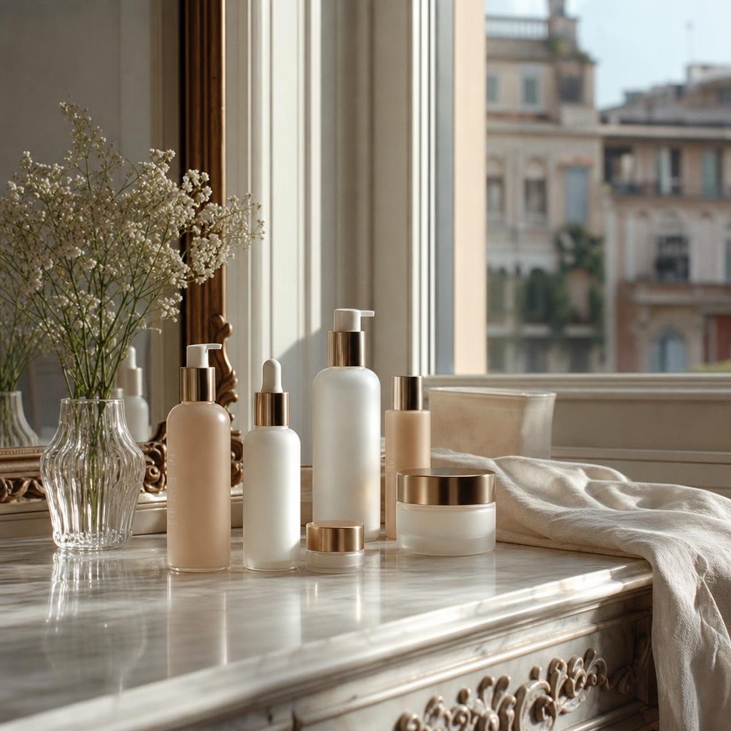 Original natural photographic Qathu Italy editorial for Italian-market Korean and international skincare, cosmetics and beauty storefront