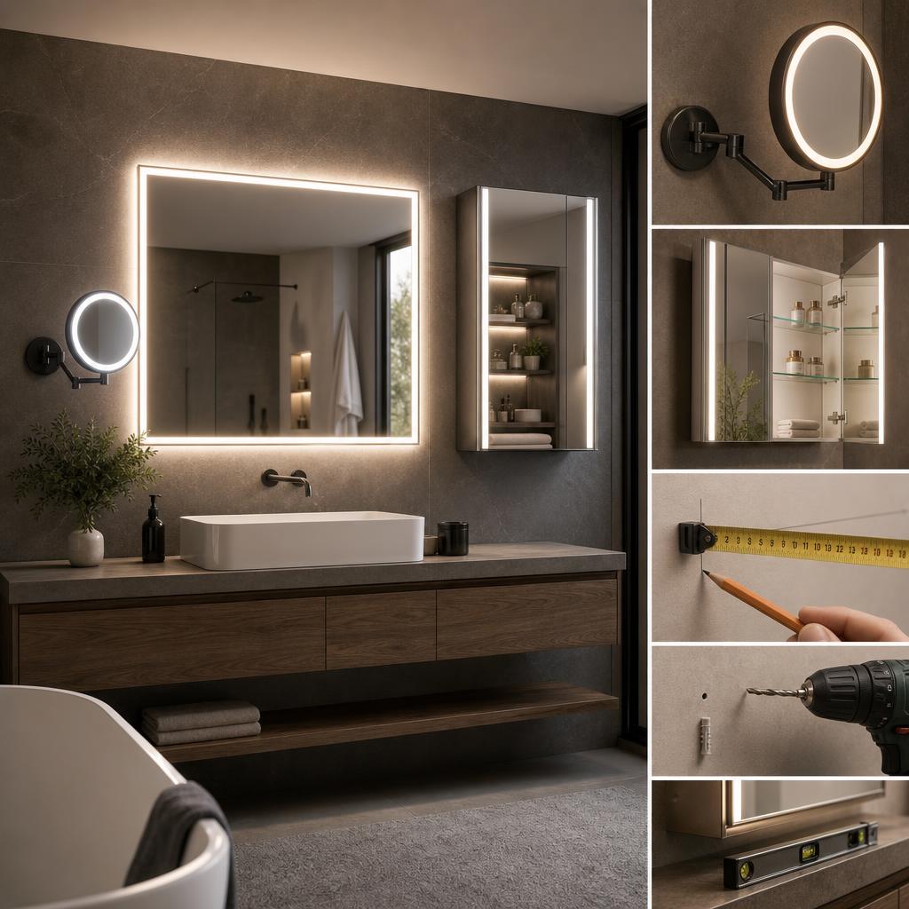 Original Mirlux FR editorial for French bathroom and makeup mirrors including illuminated options