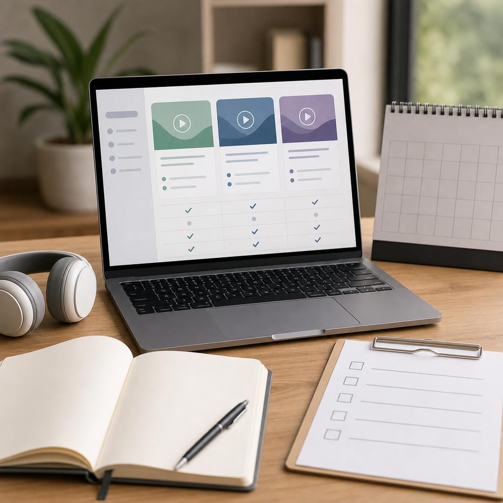 Original online-learning editorial with laptop, headphones, blank notebook, assessment checklist and calendar