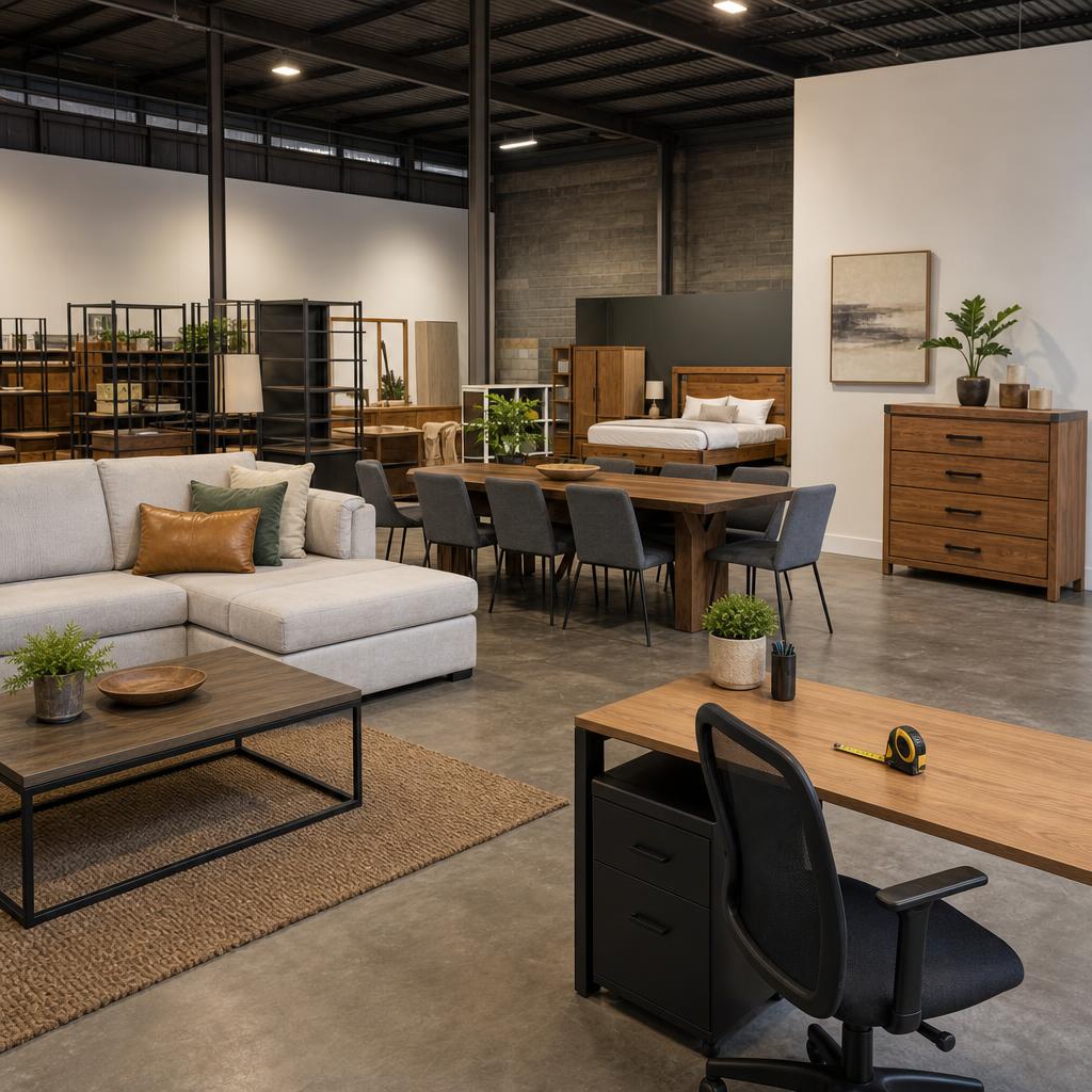 Original furniture-warehouse editorial with sofa, dining, storage, bed and office furniture
