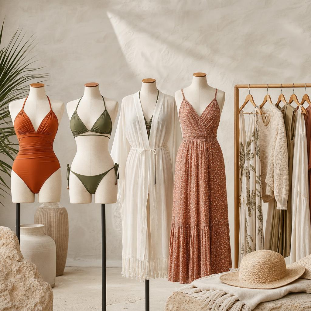 Original women’s swimwear and clothing editorial with swimsuit, bikini, cover-up, dress and knitwear
