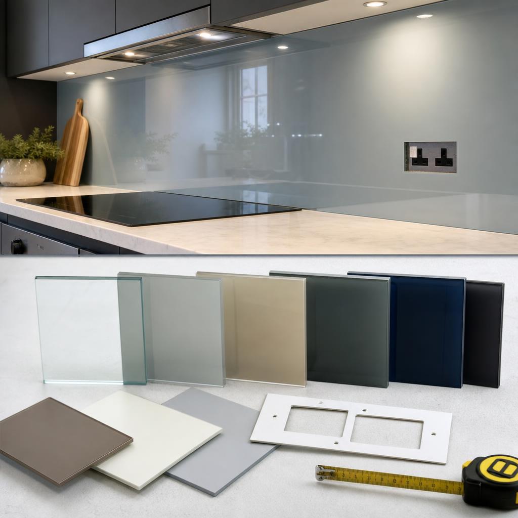 Original splashback editorial with glass and acrylic samples, measurement tools and kitchen wall