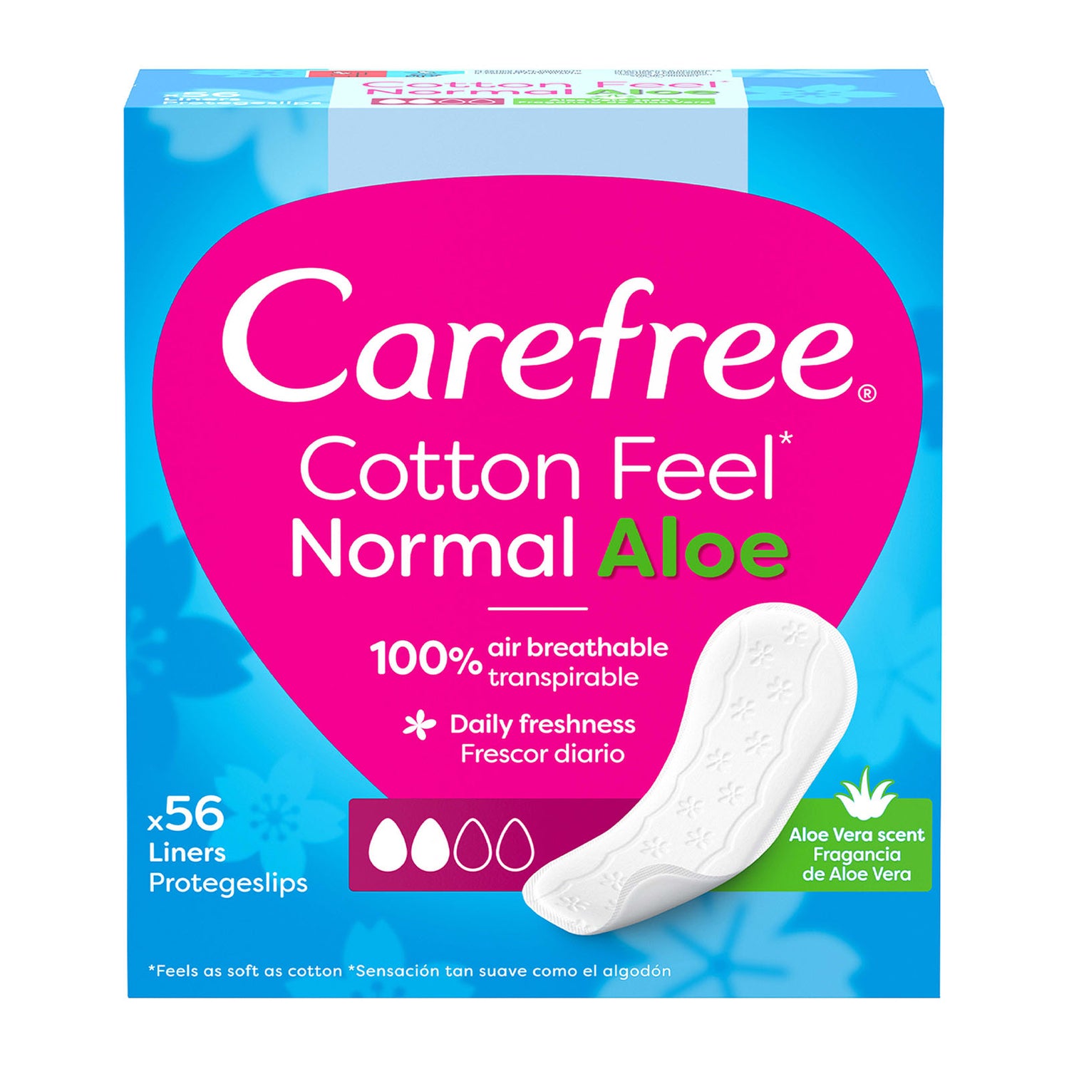 A blue and pink Carefree Cotton Feel package of normal aloe pantyliners