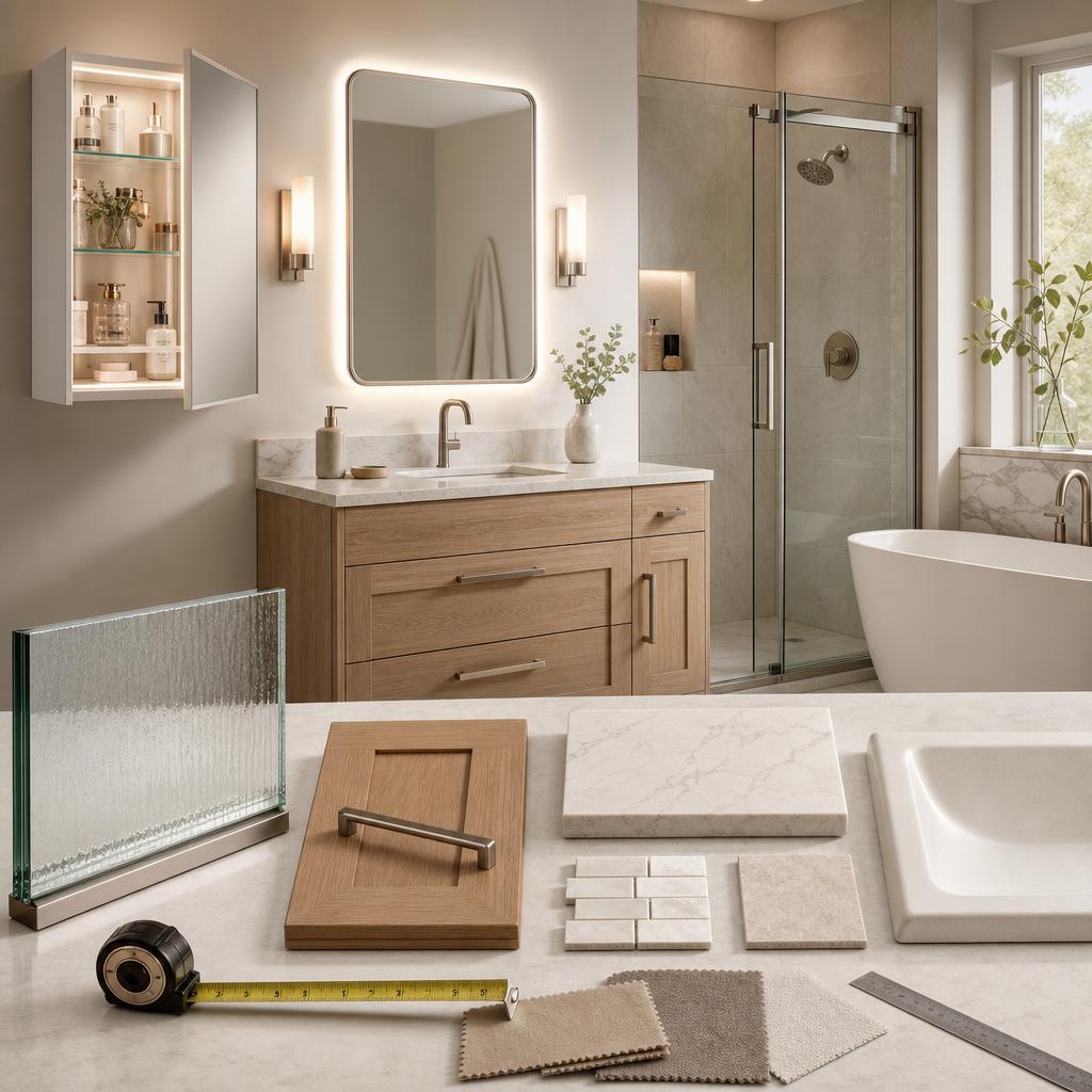 Original All Sum Home editorial for US bathroom furnishings retailer selling illuminated medicine cabinets, bathroom mirrors, shower doors, vanities and bathtubs