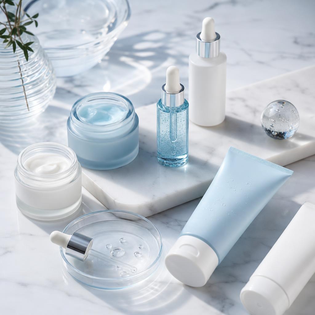 Original premium skincare image with serum droppers, jars and tubes on white marble