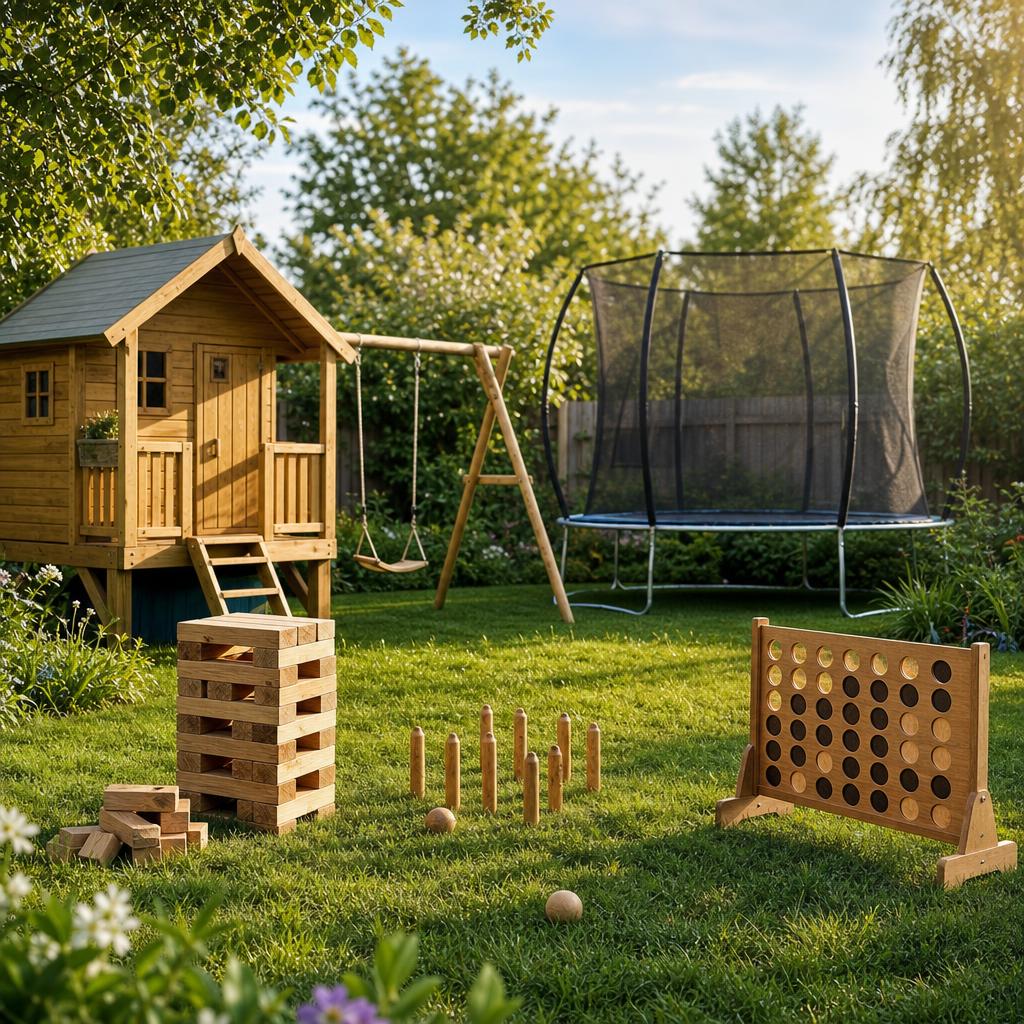 Original outdoor garden-toy editorial with playhouse, garden games, swing and enclosed trampoline