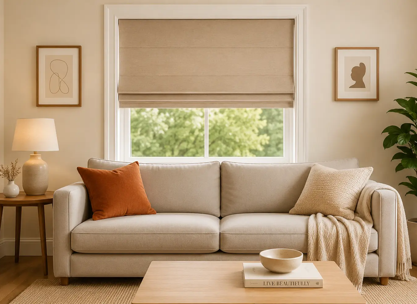 Neutral roller blinds fitted above a sofa in a bright living room