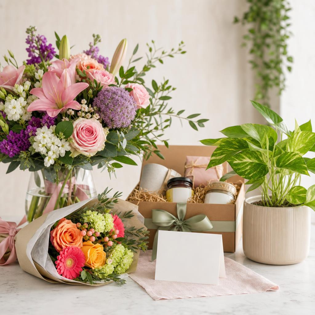 Original flower and gift editorial with bouquets, house plant, hamper and blank greeting card