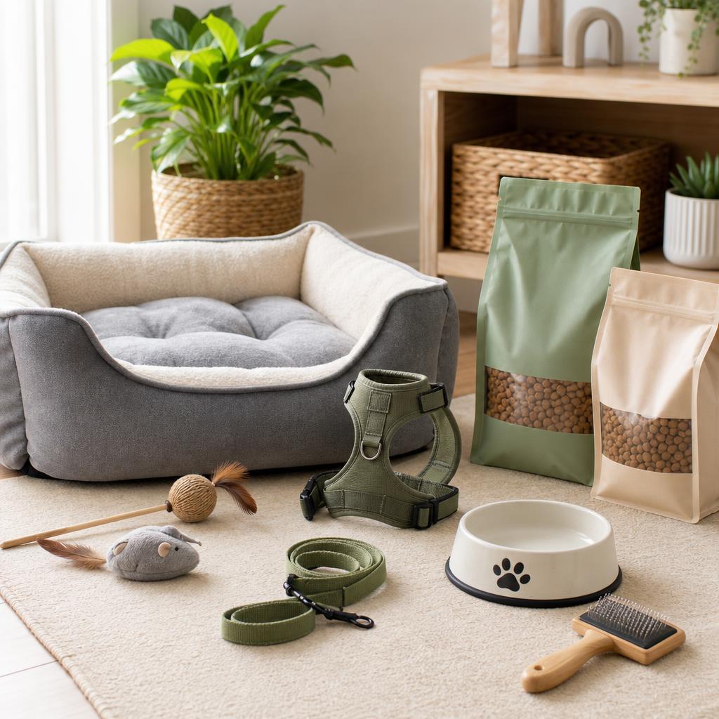 Original pet supplies editorial with bed, toy, harness, bowl, brush and sealed food bags