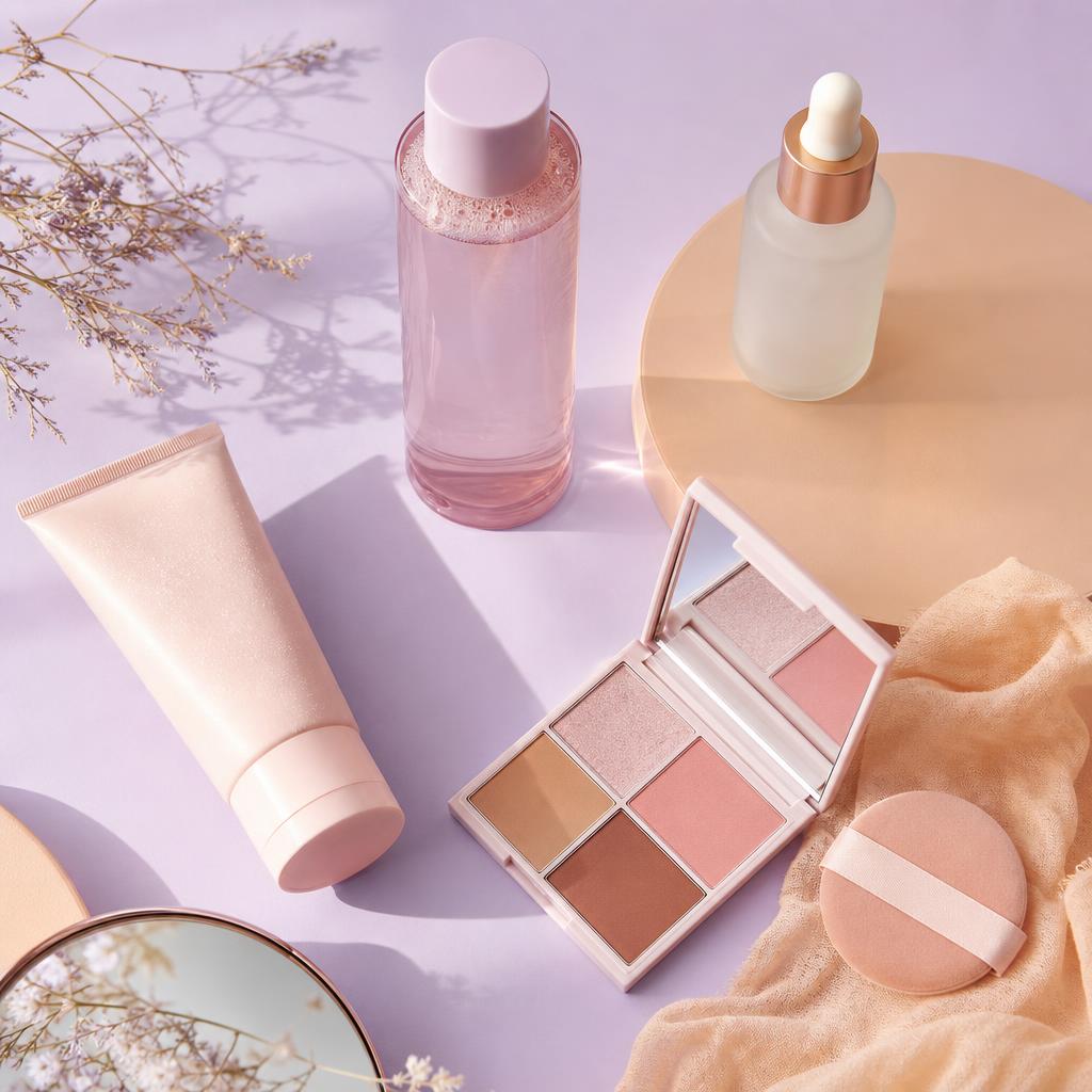 Original editorial flat lay of gentle skincare and makeup products on pastel surfaces