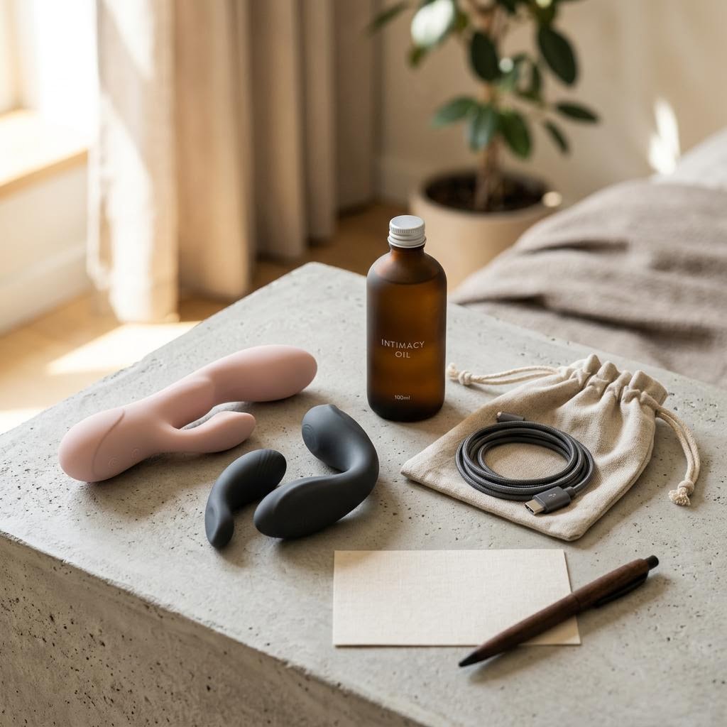 Original tasteful non-graphic adult-wellness editorial with abstract massagers, sealed lubricant and care card