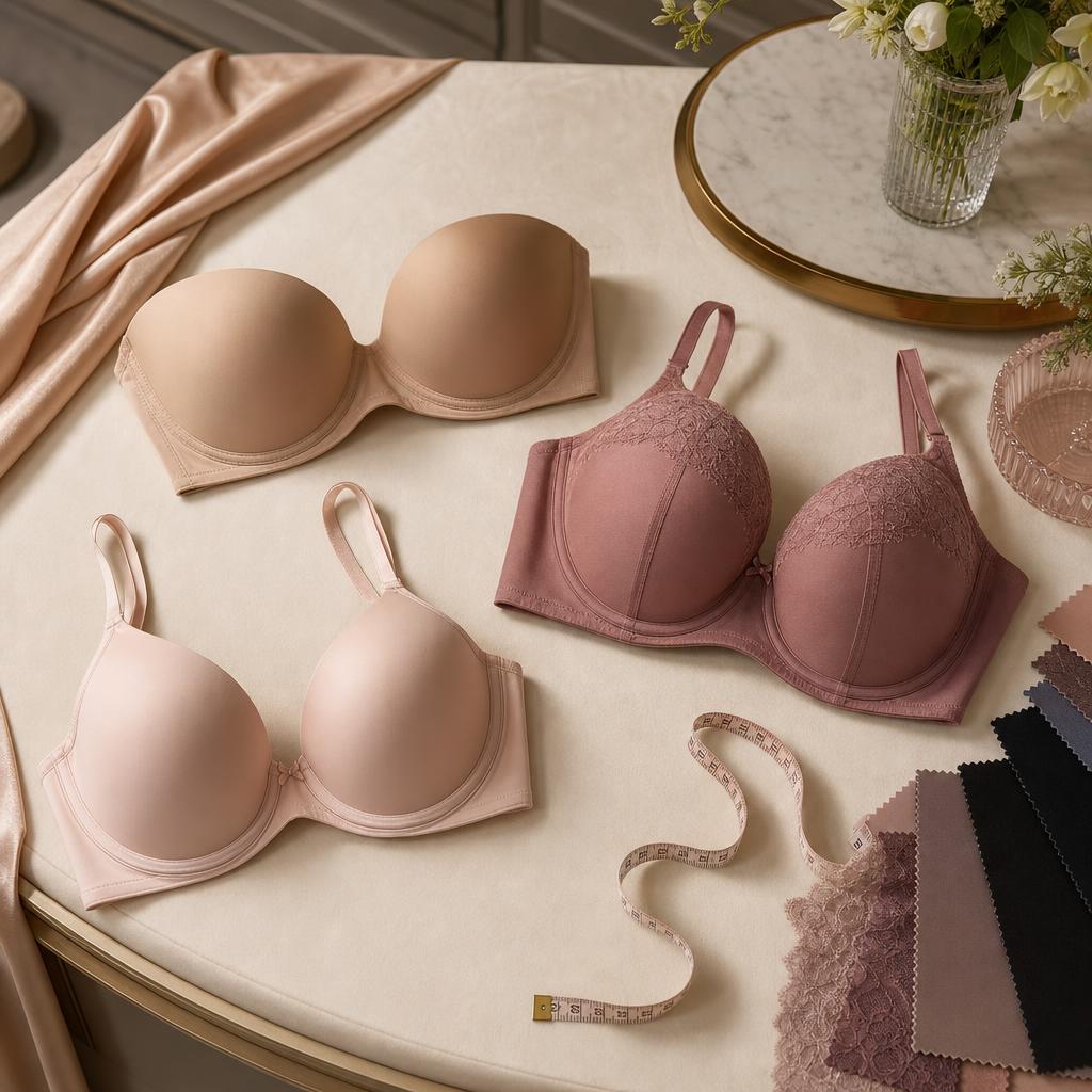 Original tasteful lingerie-fit editorial with product-only bras, tape measure and swatches