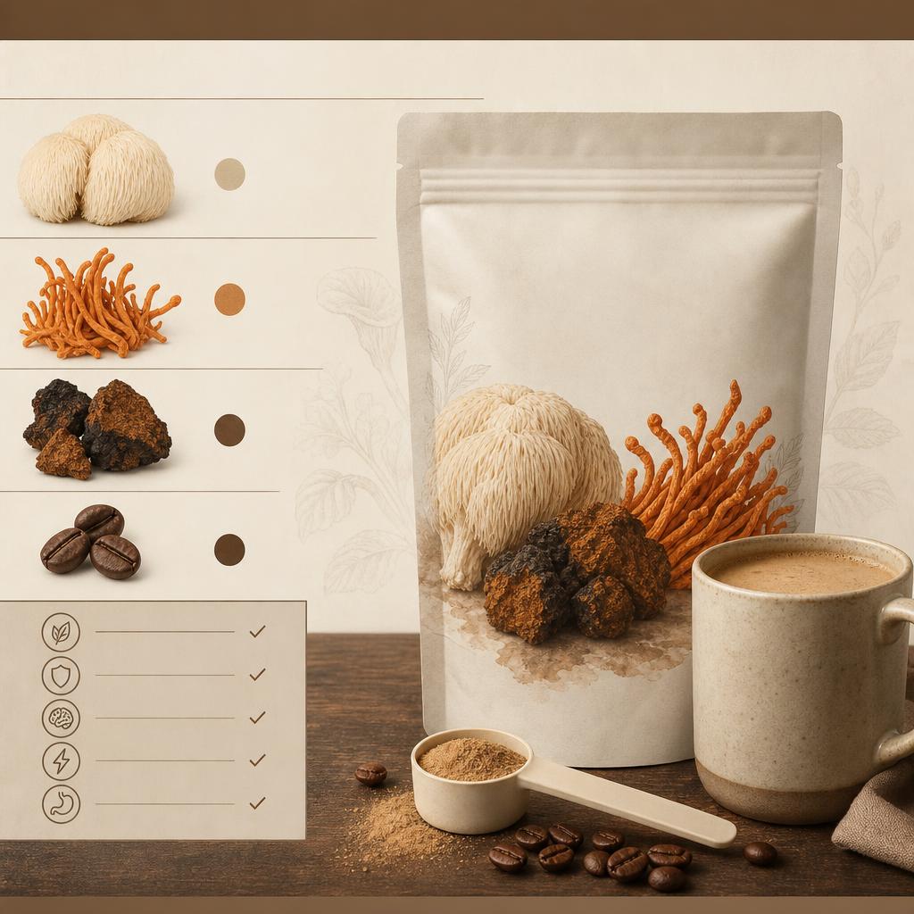 Original conservative functional-mushroom editorial with ordinary mushrooms, powder, mug, coffee and checklist