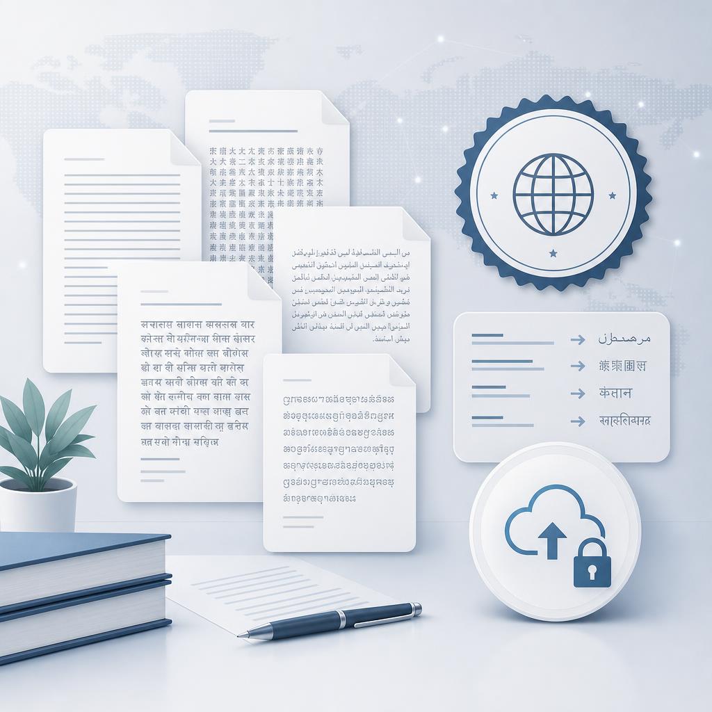 Original professional translation-service editorial with documents, glossary and secure upload motif