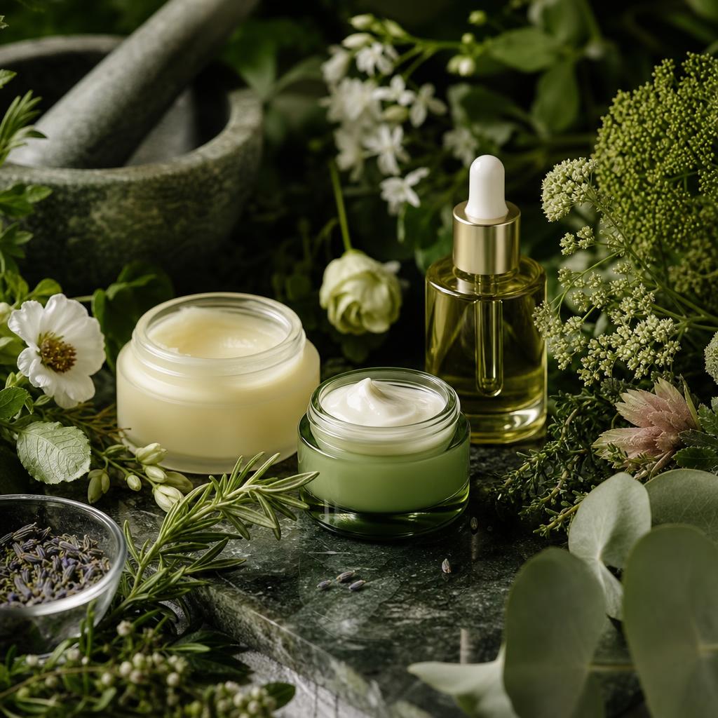 Original botanical beauty editorial with face cream, cleansing balm and serum on green stone