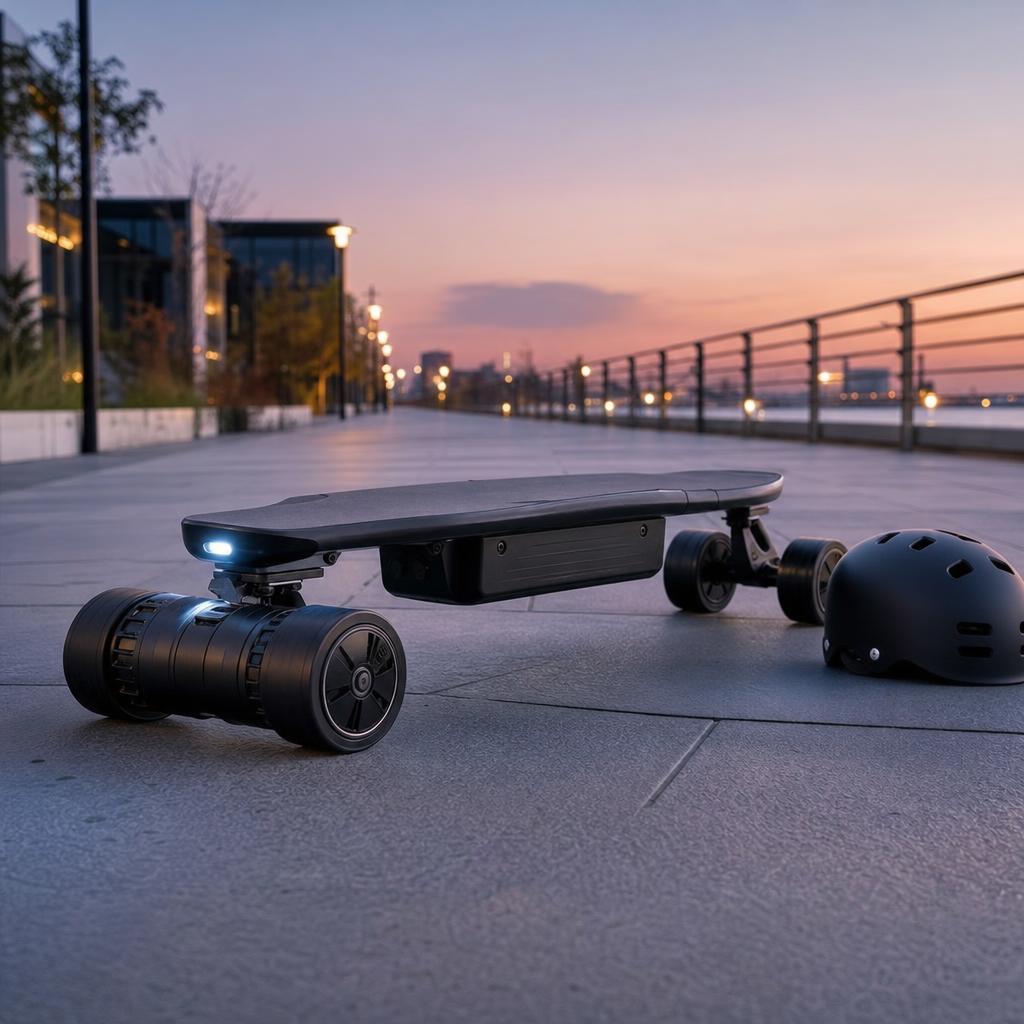 Original editorial image of an electric skateboard and helmet on an urban promenade