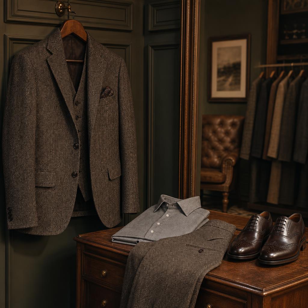 Original mens formalwear editorial with tweed suit, blazer, waistcoat, shoes and shirt