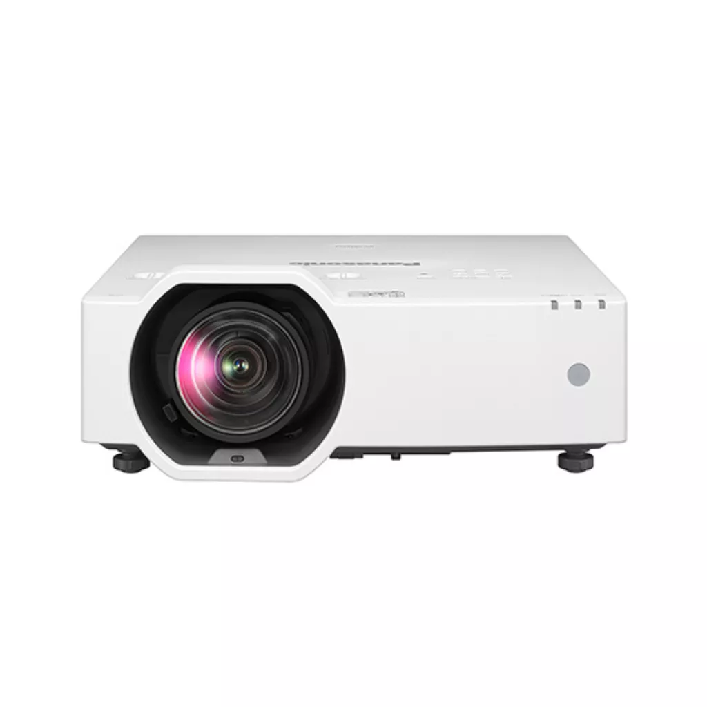 White digital projector with a large front lens on a white background