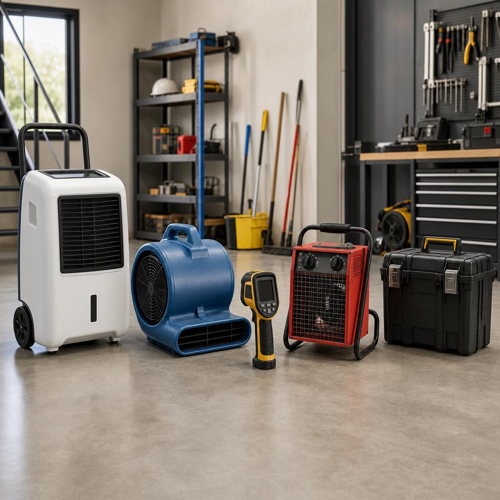 Original industrial-equipment editorial with dehumidifier, heater, measuring device and tool case
