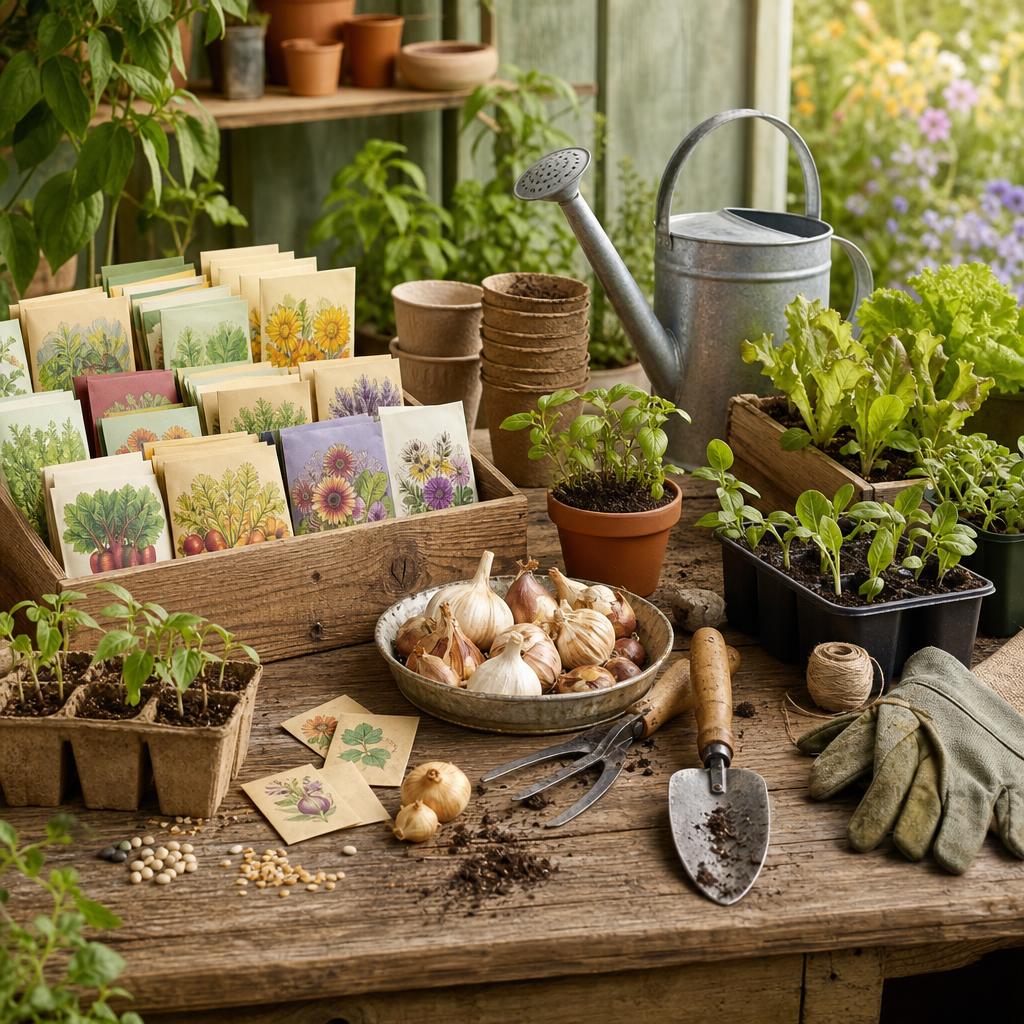 Original seed and garden editorial with packets, bulbs, young plants, tools and watering can