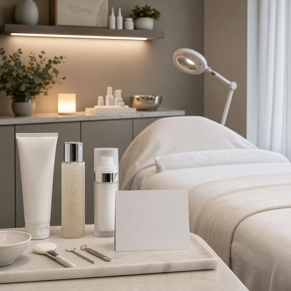Original conservative facial-studio and skincare editorial with treatment bed, sealed products and blank consultation card