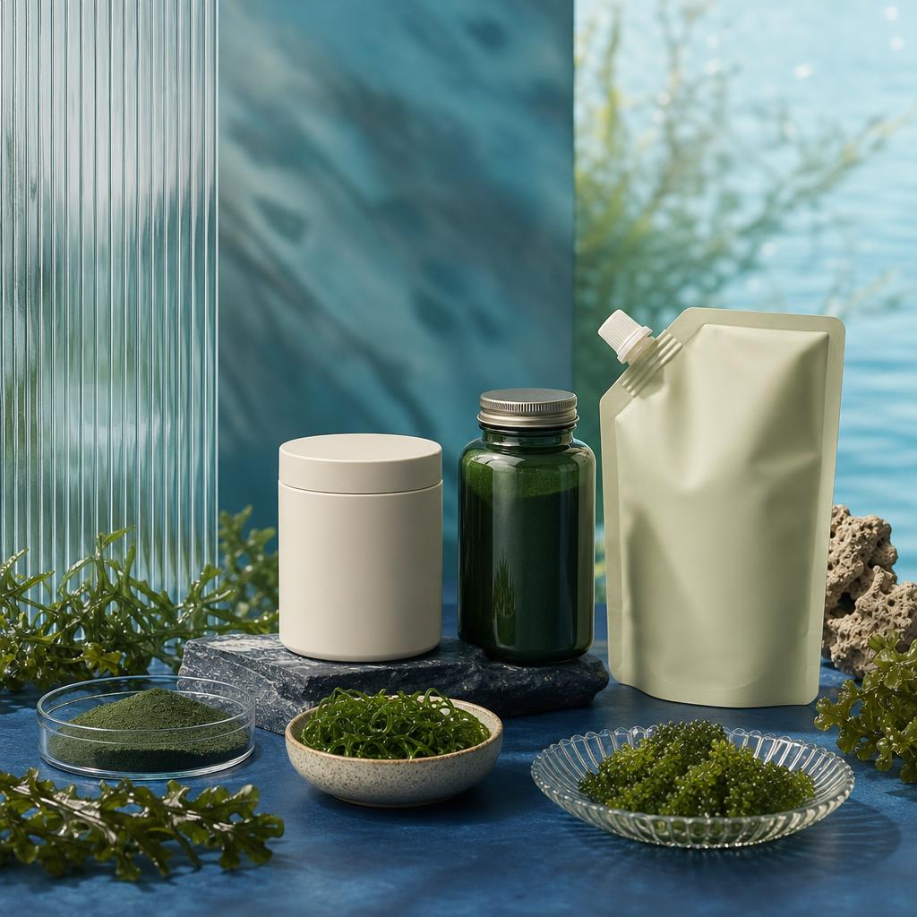 Original supplement editorial with algae-inspired ingredients, jar and refill pouch on blue