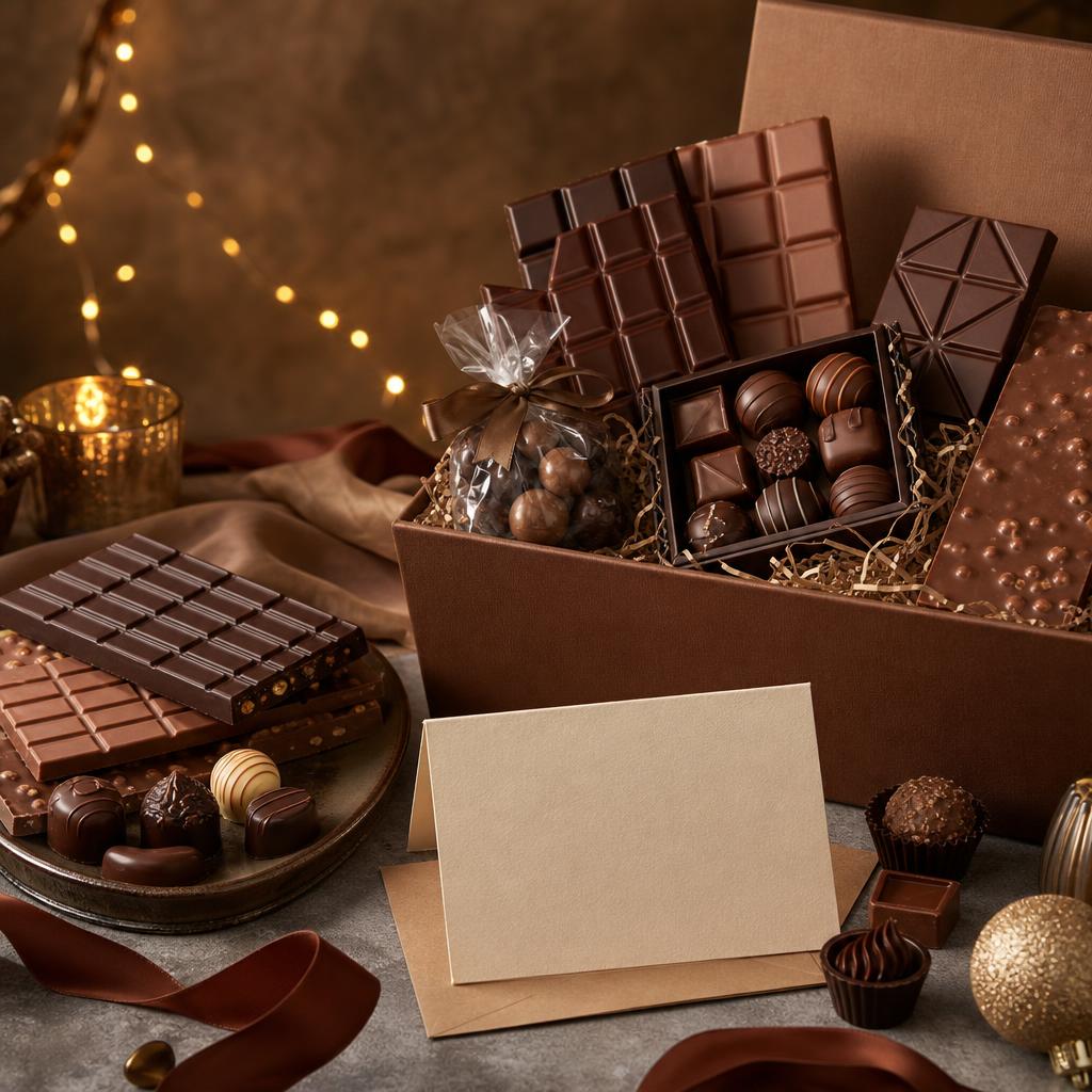 Original chocolate-gift editorial with unbranded bars, hamper, ribbon and blank card