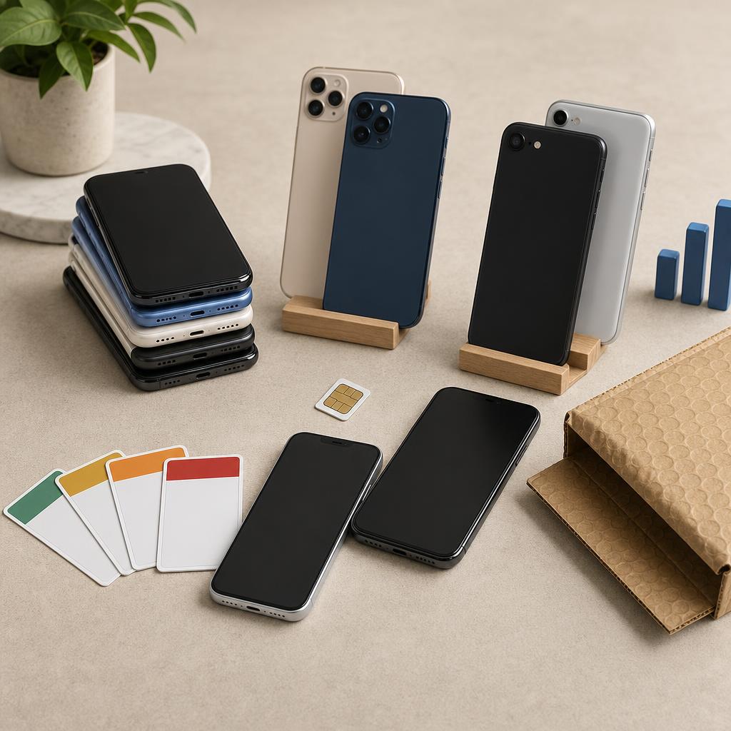 Original mobile-marketplace editorial with new and used phones, SIM, grading cards and shipping box