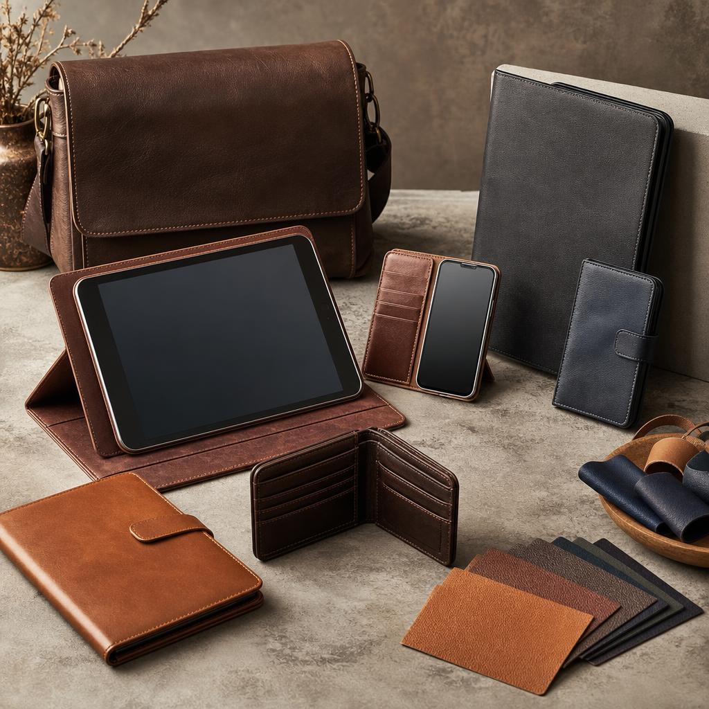 Original leather tech-accessory editorial with phone and tablet cases, wallet, bag and swatches
