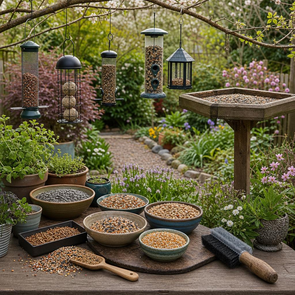 Original wild-bird feeding editorial with seed mixes, feeders, bird table and cleaning brush