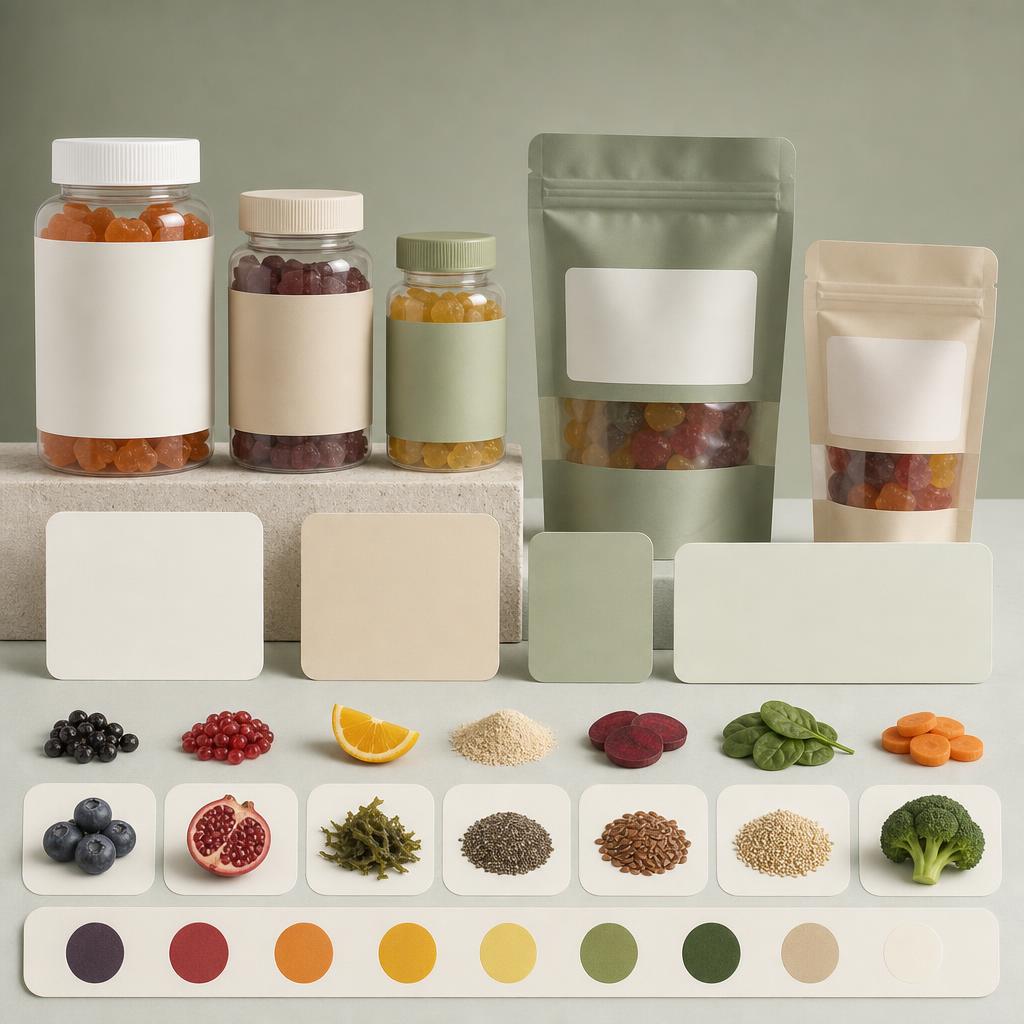 Original conservative gummy-supplement editorial with sealed jars, refill pouches and blank label checklist