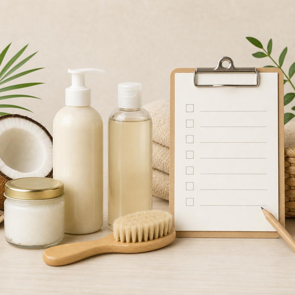 Original conservative baby-skincare editorial with sealed products, brush and blank ingredient checklist