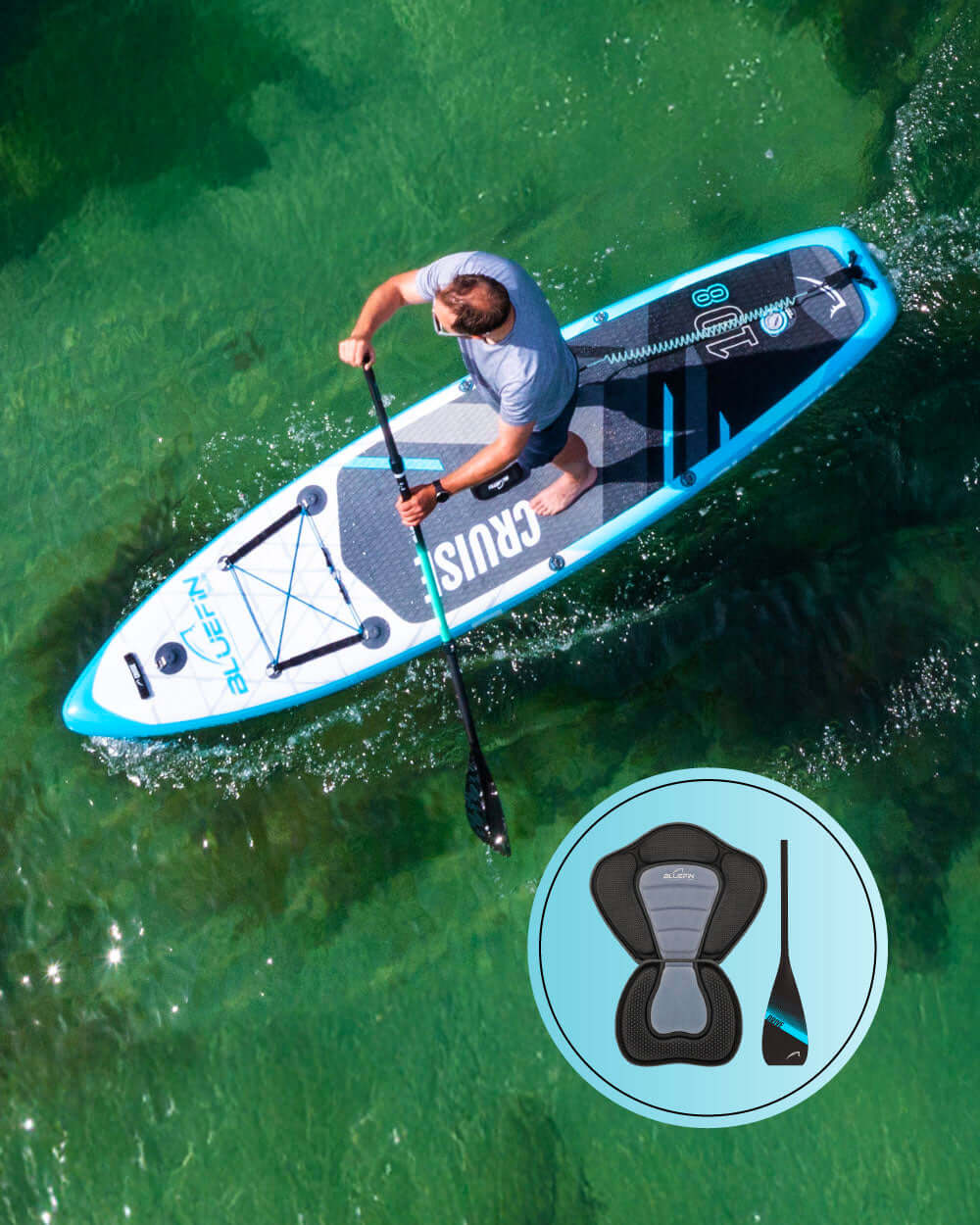 Paddleboarder using a Bluefin inflatable board