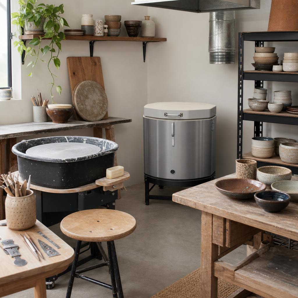 Original home pottery studio with closed powered-off kiln, wheel, clay tools, respirator and bowls