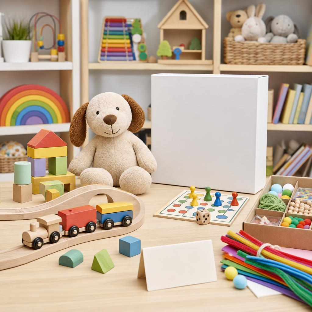 Original toy-retailer editorial with train, blocks, plush animal, board game and craft kit