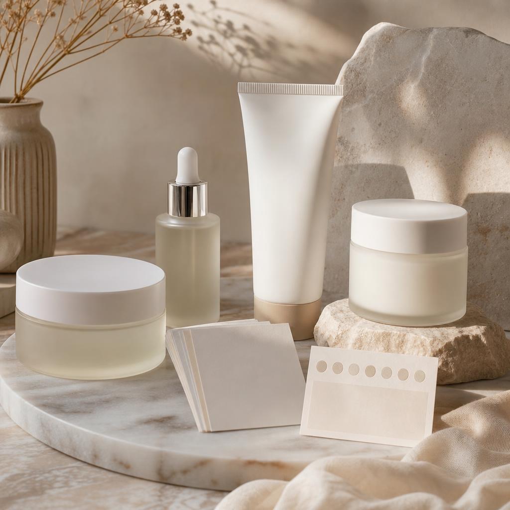 Original German prestige-skincare editorial with sealed products and ingredient cards