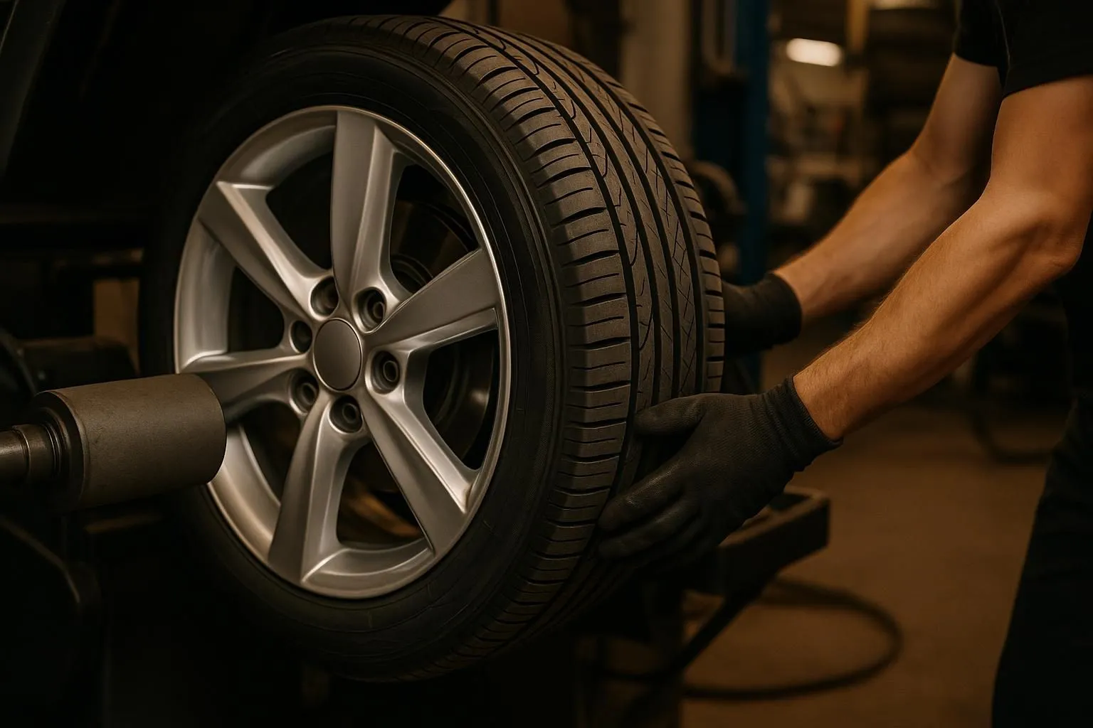 A wheel checked on a balancing machine in Reifentiefpreis editorial imagery