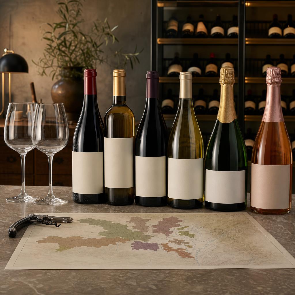 Original adult wine-retailer editorial with blank-label bottles, empty tasting glasses and map