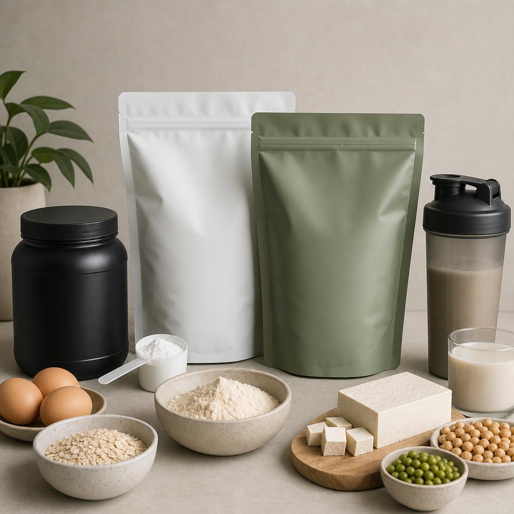 Original conservative protein-and-creatine editorial with sealed pouches, tub, scoop and shaker