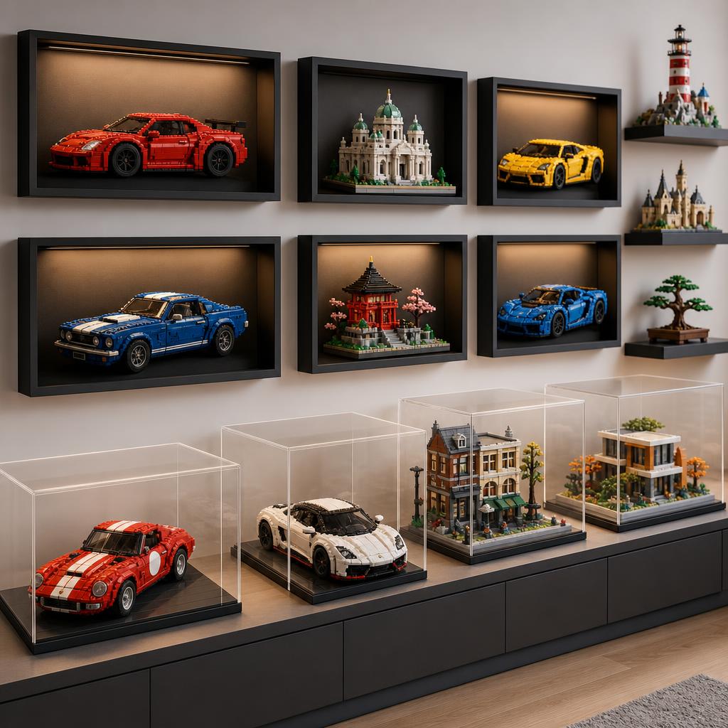 Original building-block display editorial with wall frames, acrylic cases and generic models