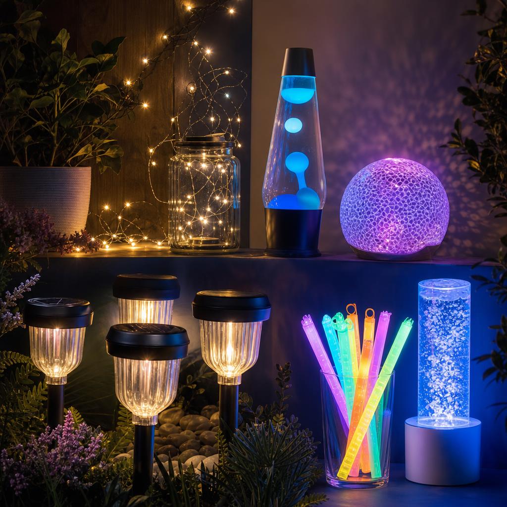 Original decorative lighting editorial with solar lights, fairy lights, lava lamp, glow sticks and LED sensory light
