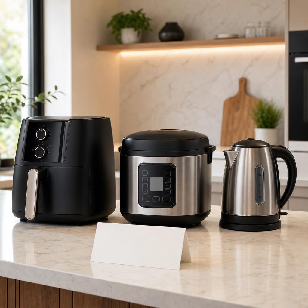 Original kitchen-appliance editorial with air fryer, multicooker, kettle and blank capacity card