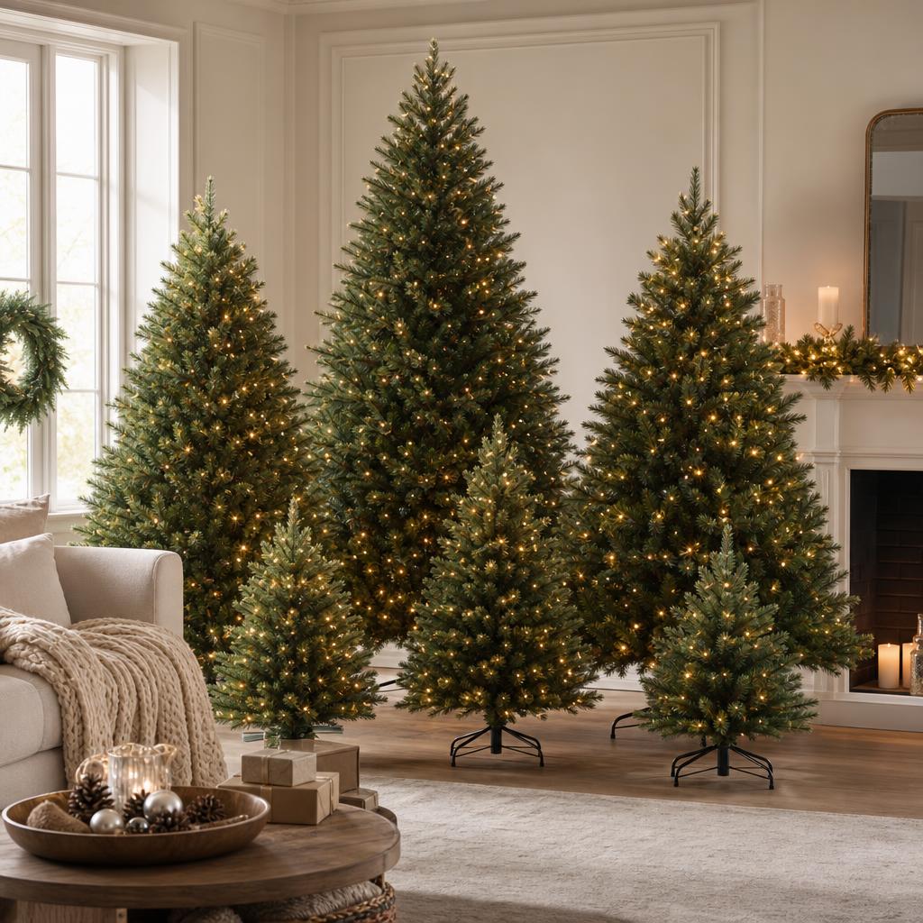 Original festive retail image of artificial Christmas trees with warm lights in a neutral room