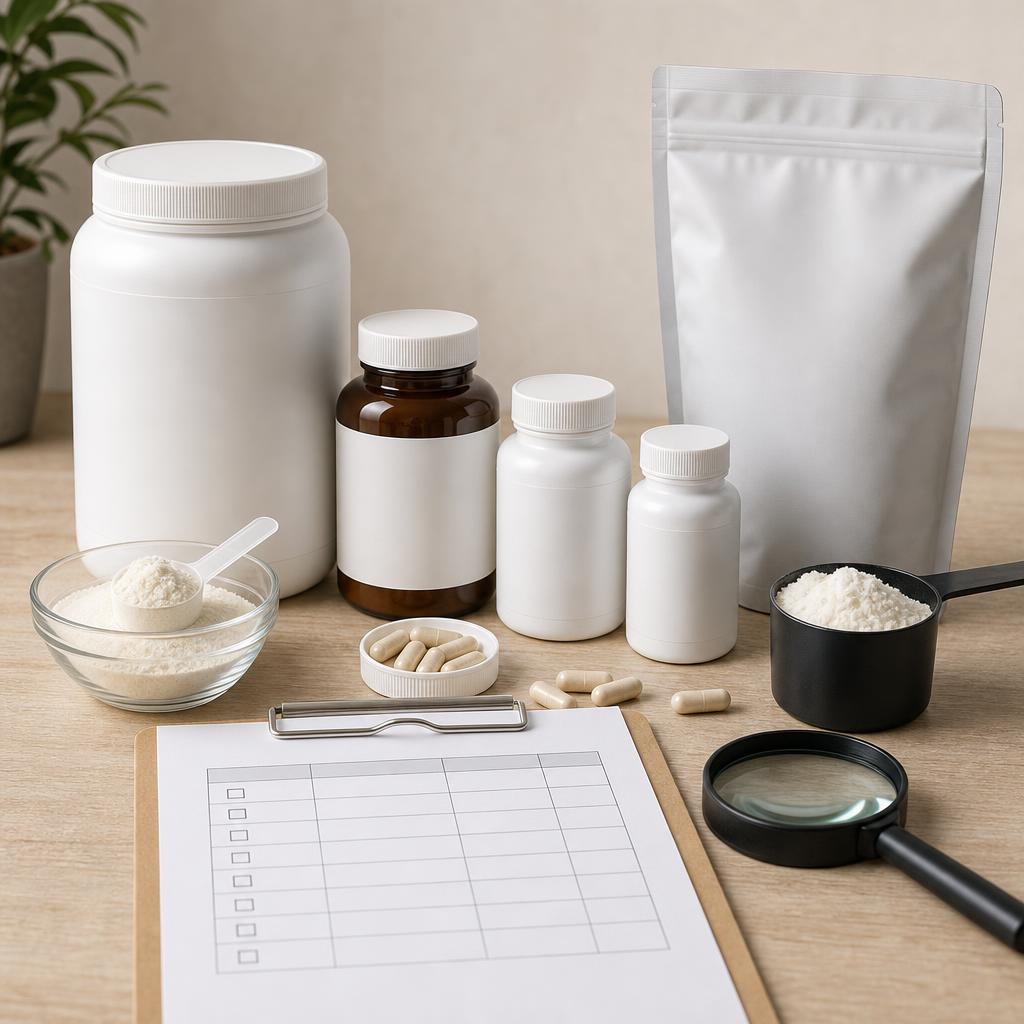 Original conservative collagen and supplement editorial with sealed products and blank interaction checklist