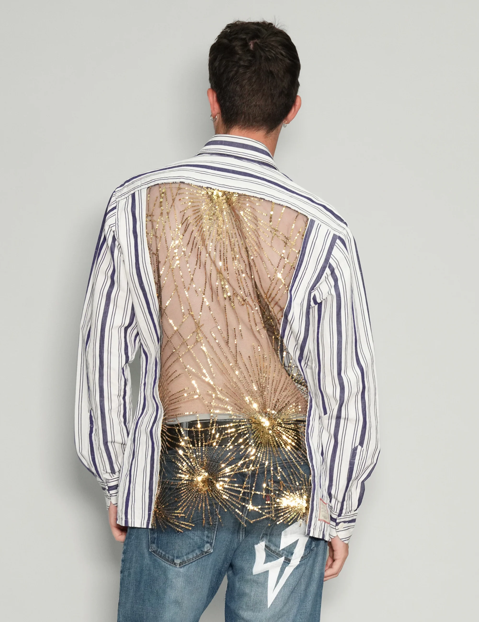 Stuart Trevor reworked striped shirt with a sequin back panel