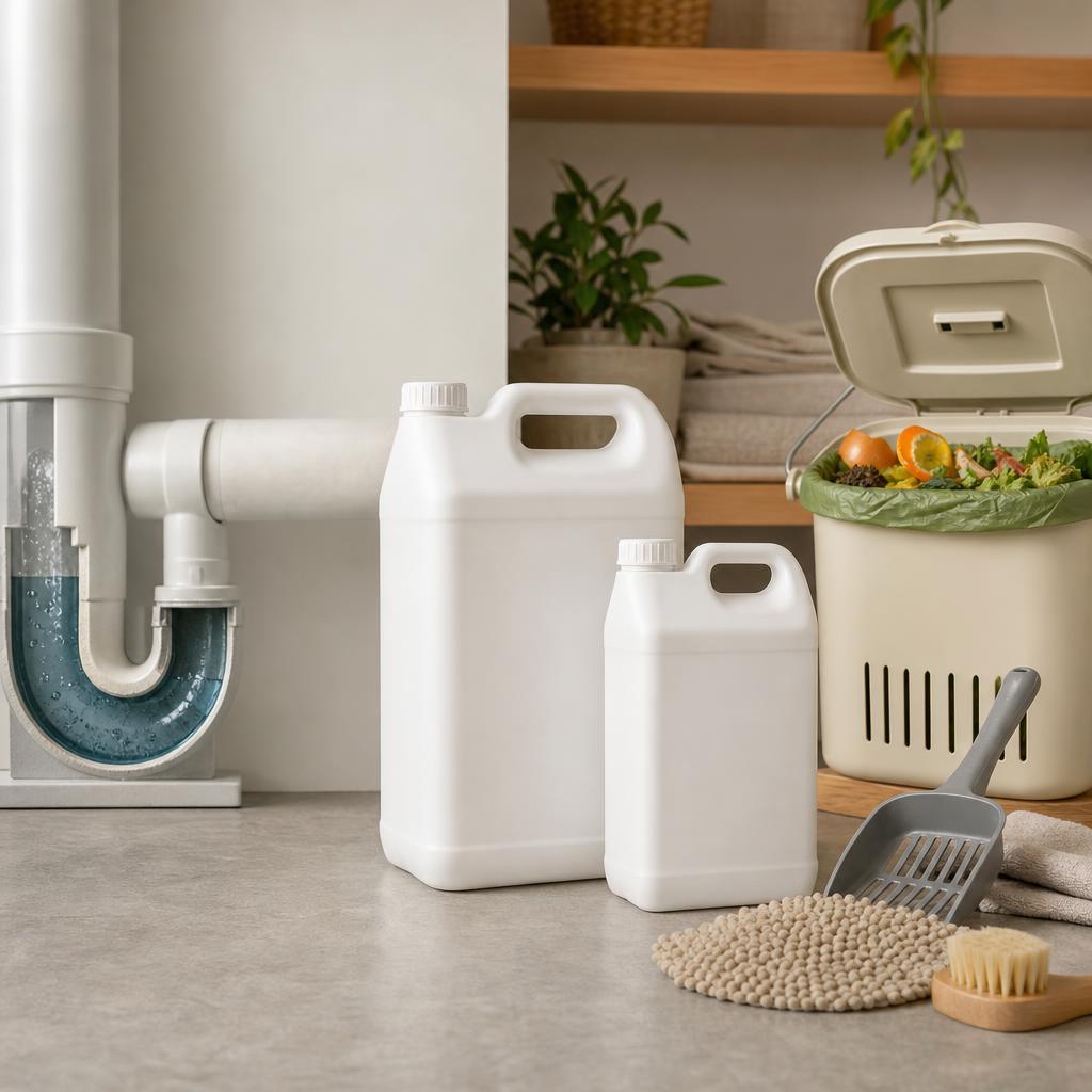 Original household-bioactivator editorial with sealed liquids, drain model, compost caddy and cleaning tools