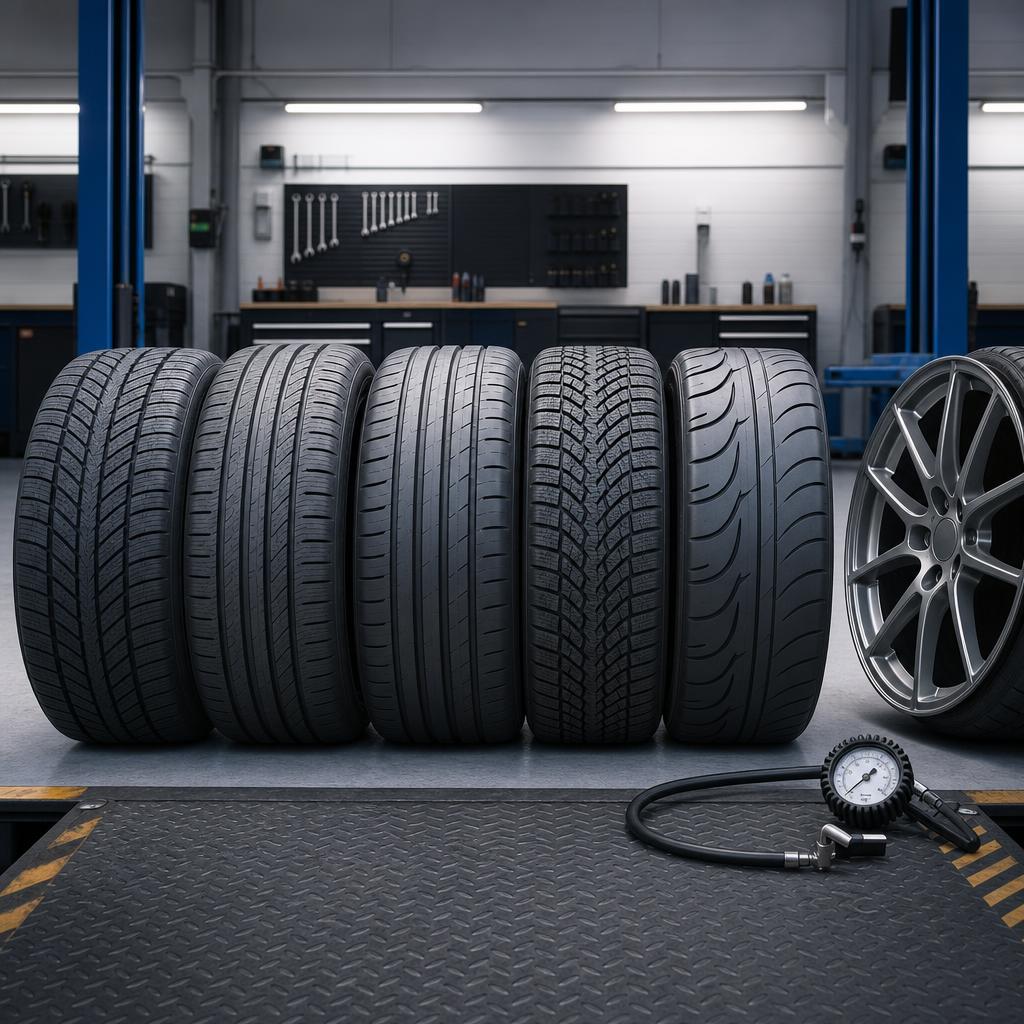 Original tyre comparison editorial with new tyres, wheel and pressure gauge in a fitting bay