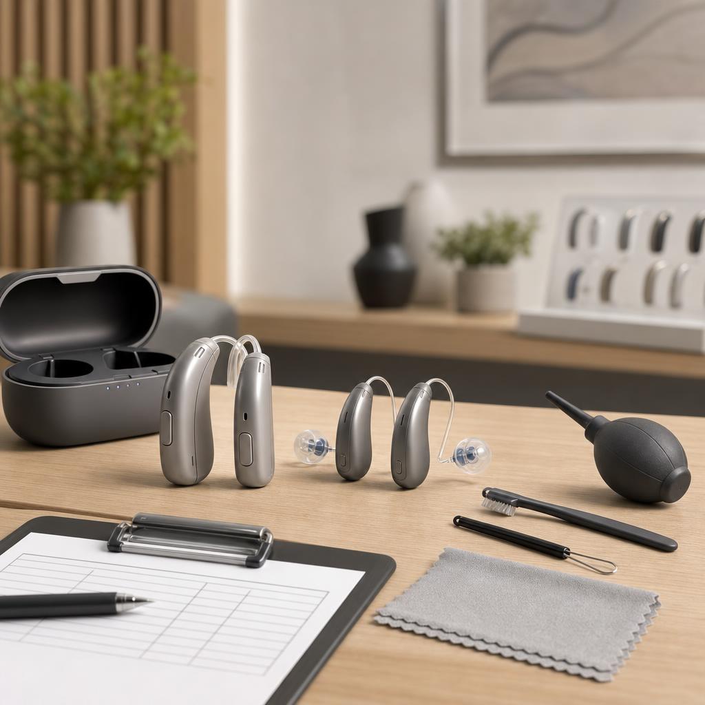 Original German hearing-care editorial with devices, charger, cleaning tools and fitting checklist